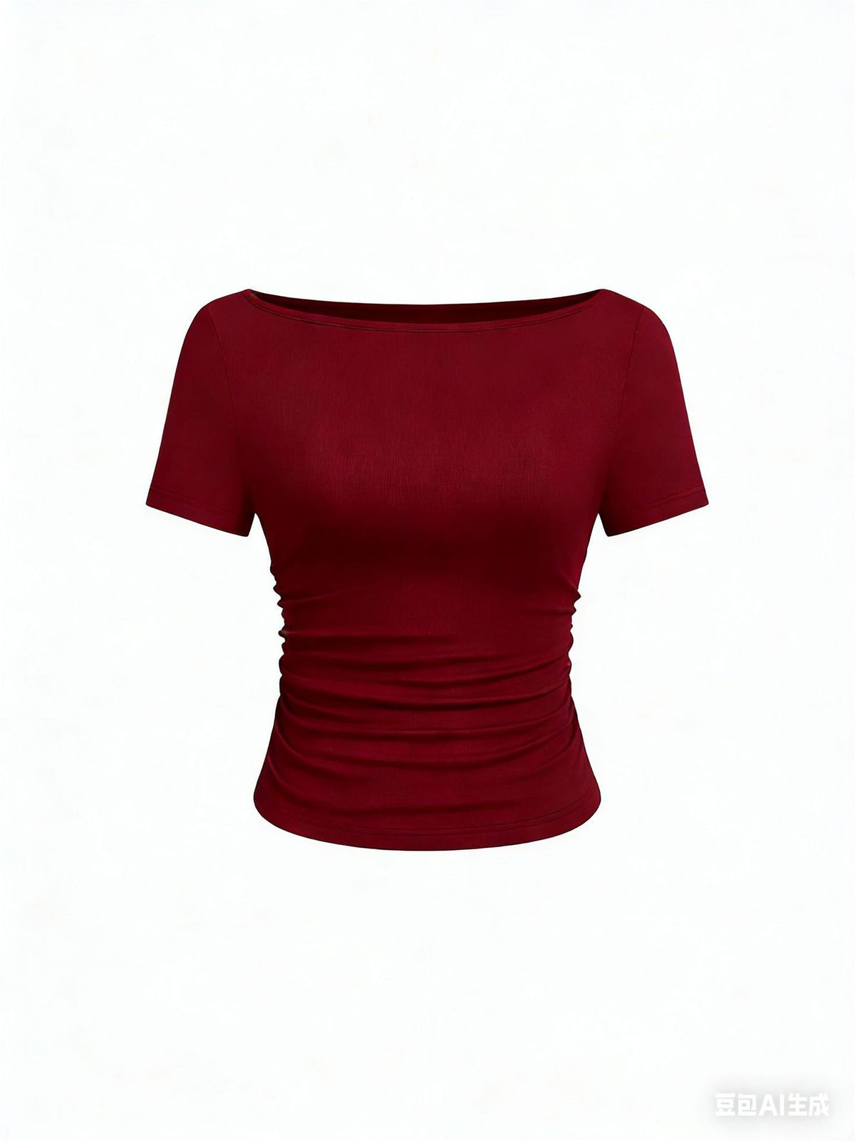 Women's Ruched Boat Neck Bell Sleeve Ribbed Top