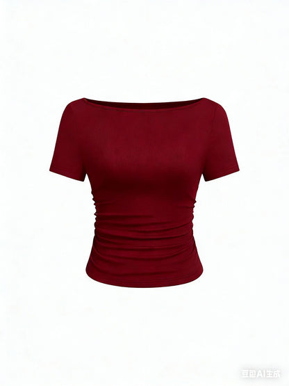 Women's Ruched Boat Neck Bell Sleeve Ribbed Top