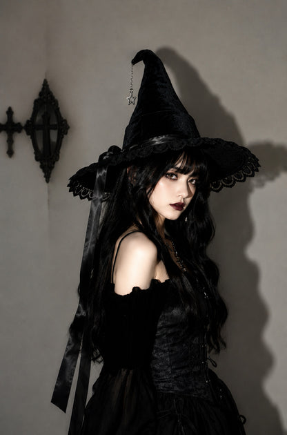 Gothic Velvet Witch Hat with Lace Brim and Satin Bow
