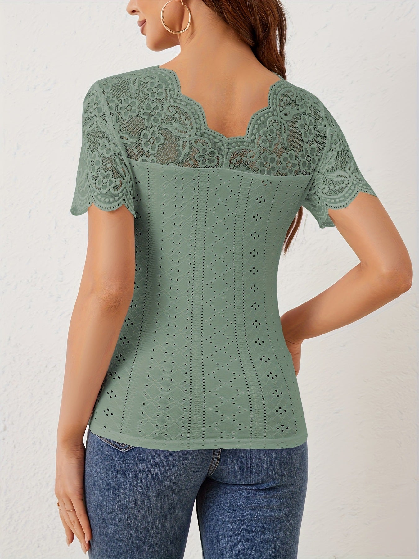 Lace Patchwork Slim Fit V-Neck Short Sleeve Top