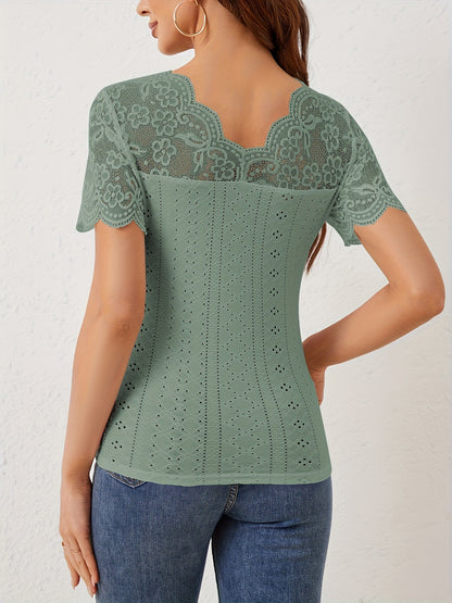 Lace Patchwork Slim Fit V-Neck Short Sleeve Top