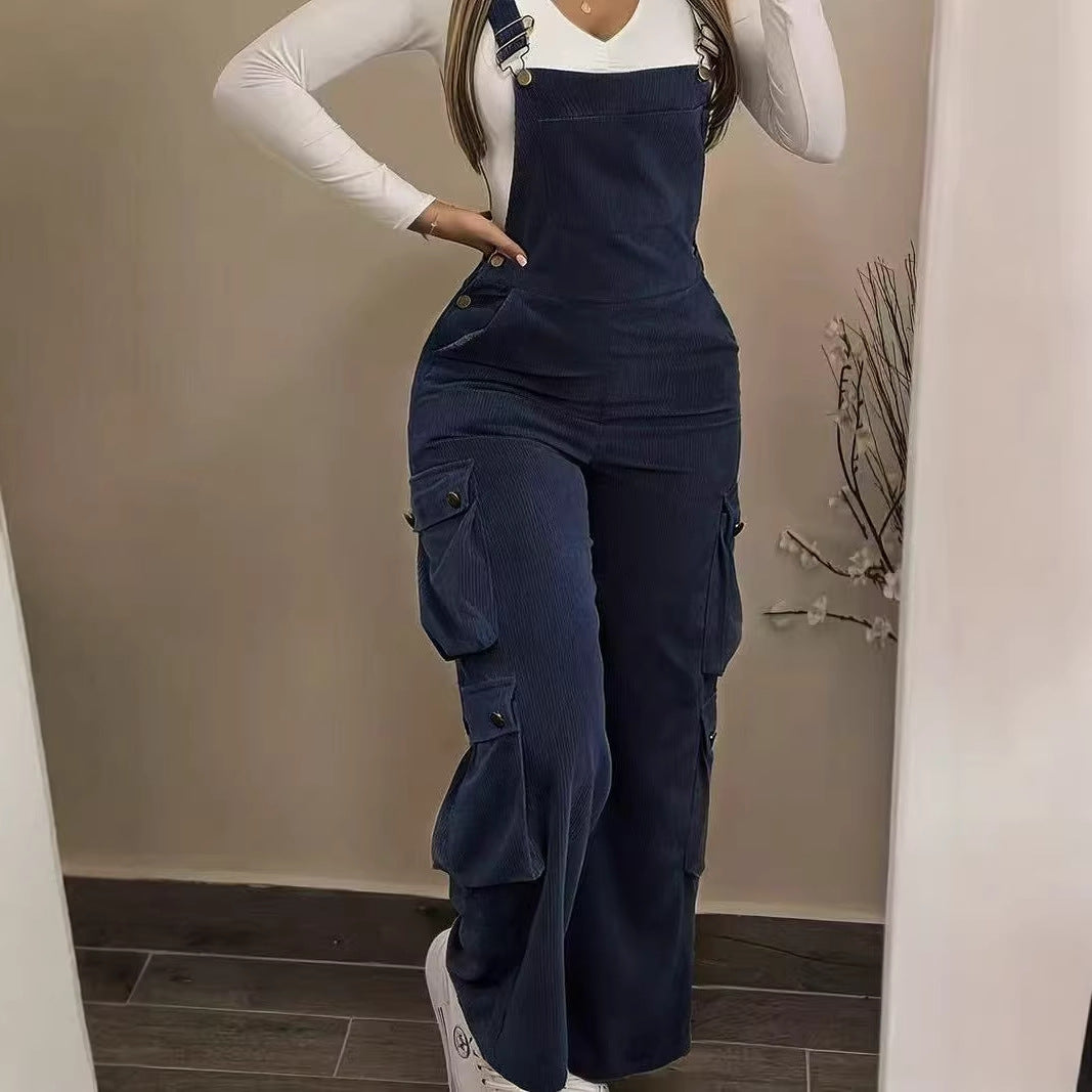 Women's Corduroy Cargo Overalls High Waist Jumpsuit