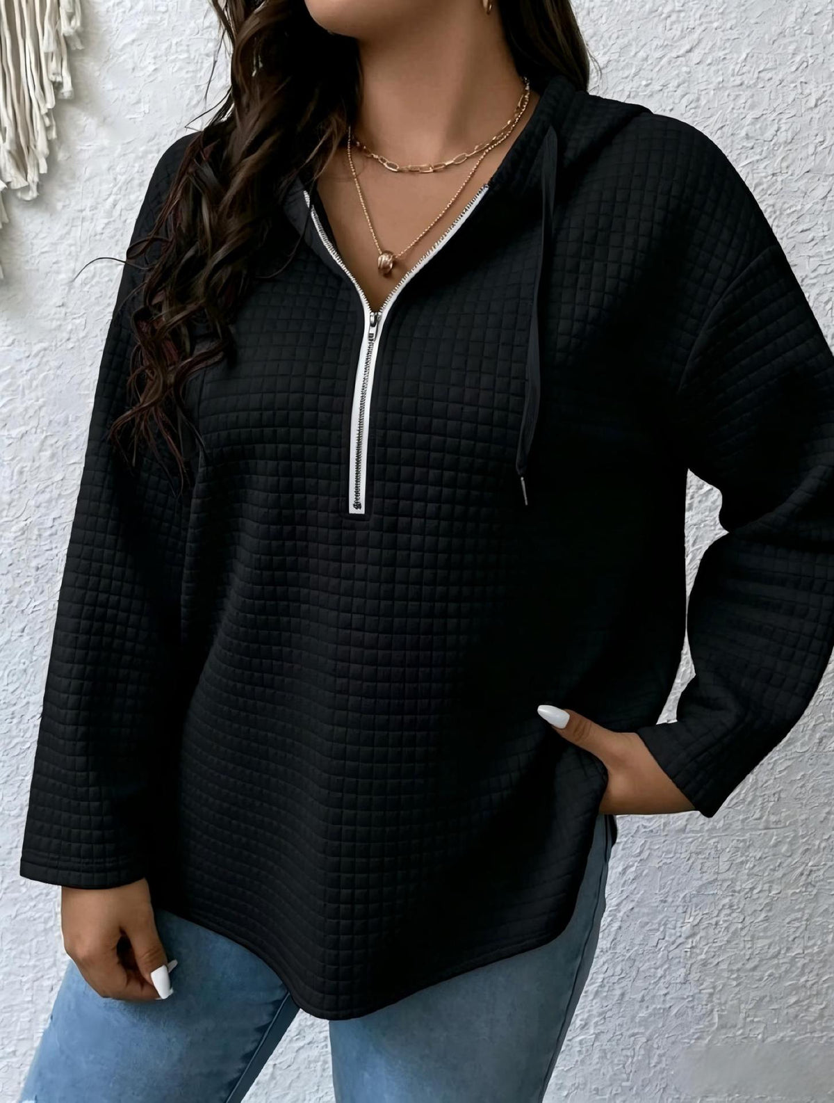 Women's Oversized Waffle Half Zip Hoodie with Pockets