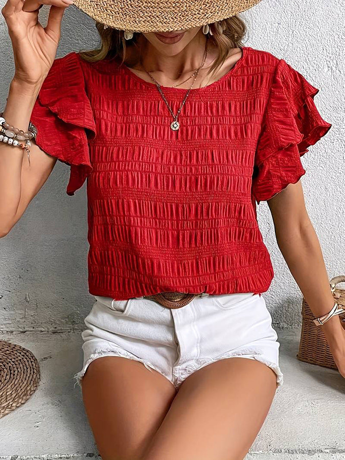 Ruffle Sleeve Crew Neck Casual Summer Blouse Top