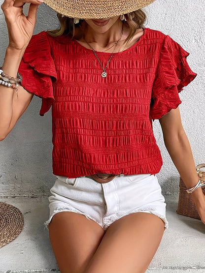 Ruffle Sleeve Crew Neck Casual Summer Blouse Top