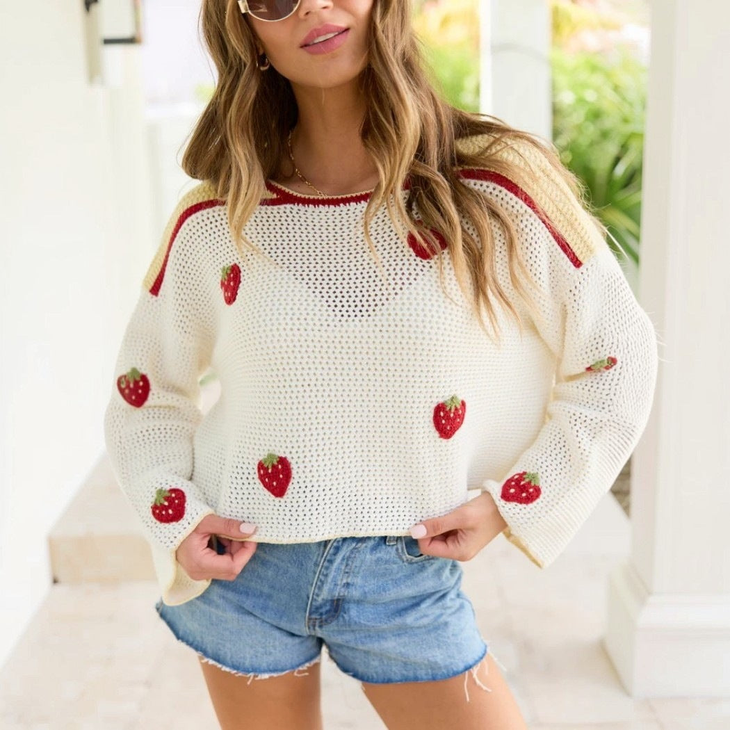 Women's Strawberry Cropped Crew Neck Knit Sweater