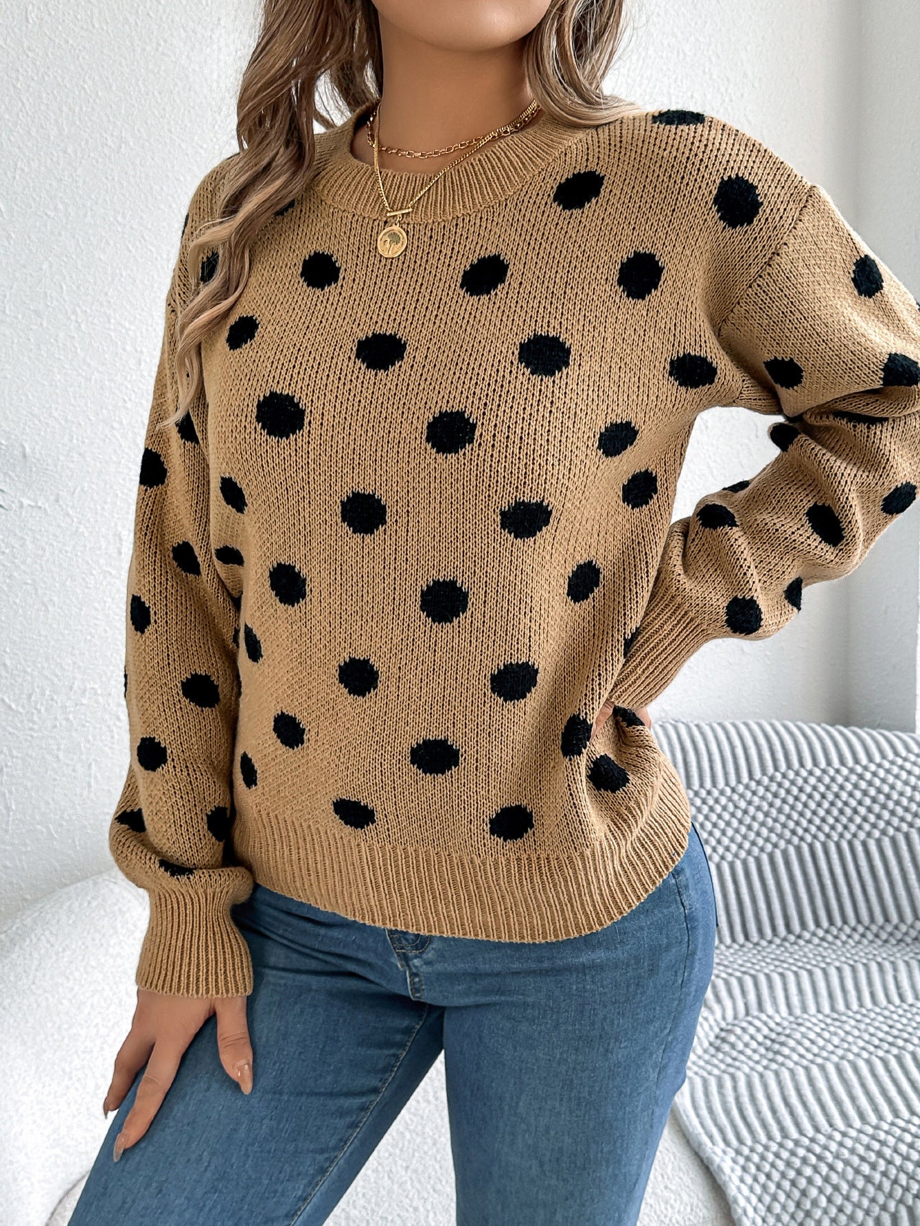 Polka Dot Knit Sweater Long Sleeve Casual Pullover
