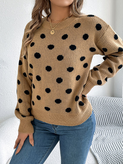 Polka Dot Knit Sweater Long Sleeve Casual Pullover
