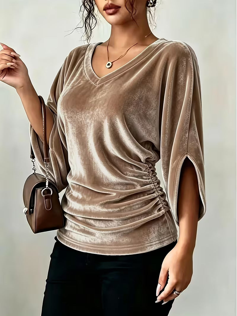 Women's Velvet V Neck Batwing 3/4 Sleeve Ruched Top