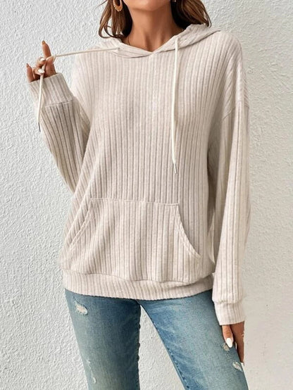 Cozy Ribbed Knit Hoodie with Kangaroo Pocket