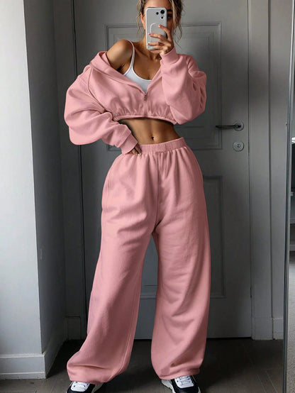 Women's 2 Piece Crop Zip Hoodie Sweatpants Set