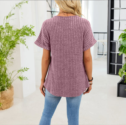 Ribbed V-Neck Button Top – Loose Fit Summer Casual Tee