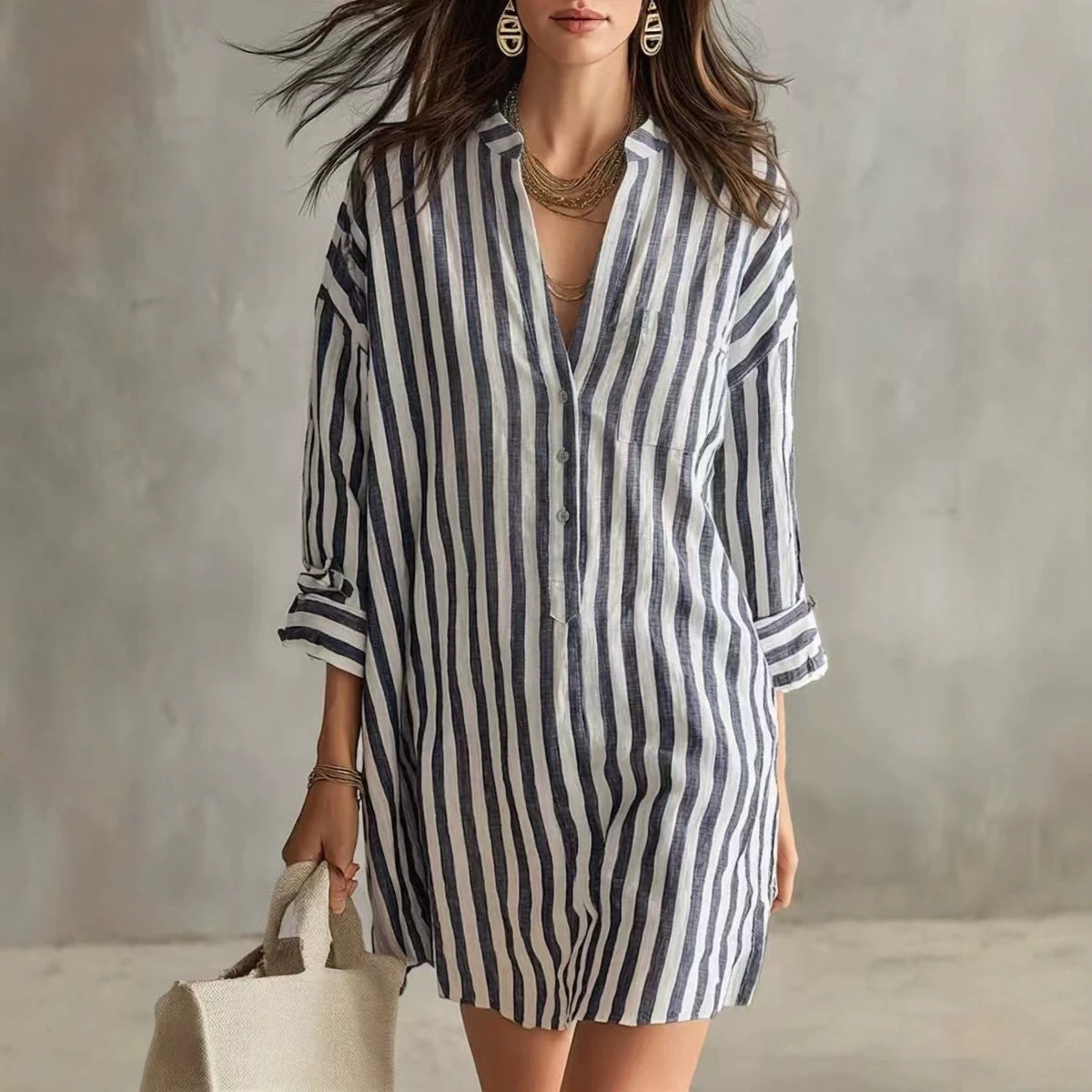 Striped V-Neck Long Sleeve Shirt Dress Casual Loose