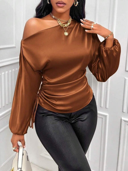 Women's Satin One Shoulder Long Sleeve Ruched Top
