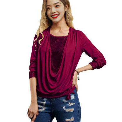 Sequin Draped Neck Layered Long Sleeve Top Loose Fit