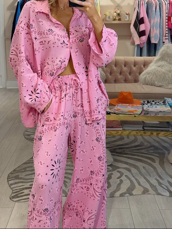Paisley Eyelet Shirt & Pants Two Piece Lounge Set