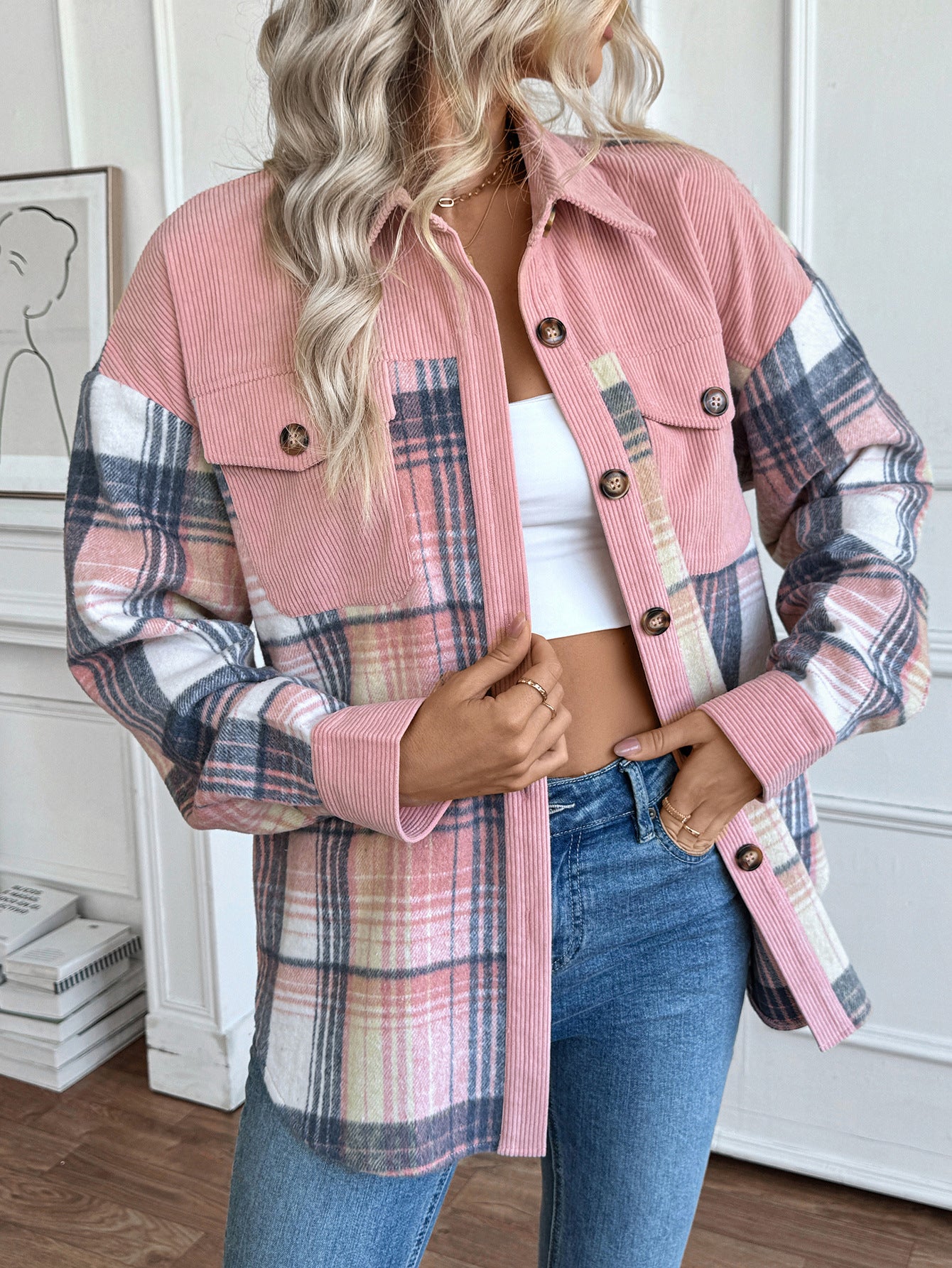 Women's Corduroy Plaid Shacket Oversized Button Up Jacket