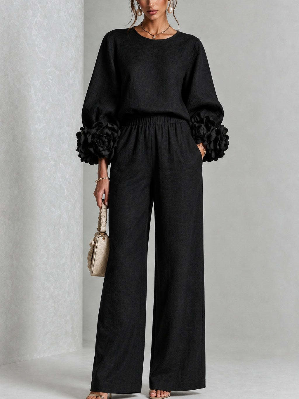 Women's Floral Cuff Top Wide Leg Pants Matching Set