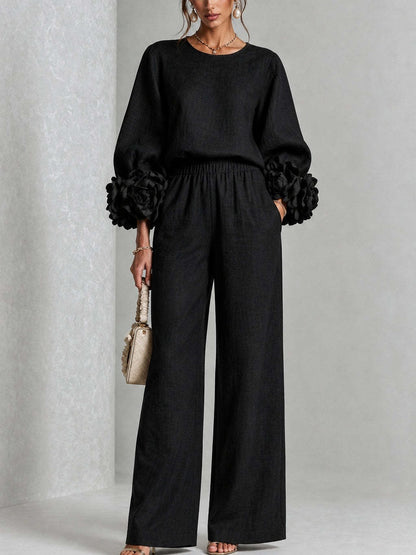 Women's Floral Cuff Top Wide Leg Pants Matching Set