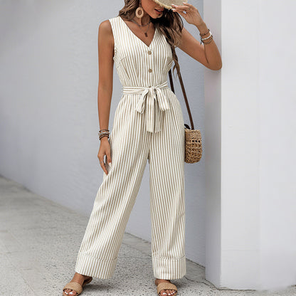 Striped Linen Blend Jumpsuit Sleeveless Wide Leg Romper