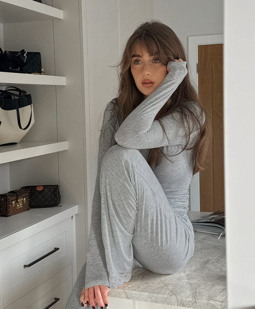 Women's Lace V-Neck Modal Pajama Set Crop Top Pants