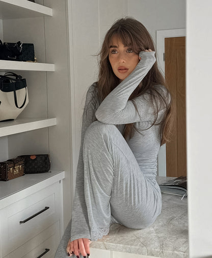 Women's Lace V-Neck Modal Pajama Set Crop Top Pants