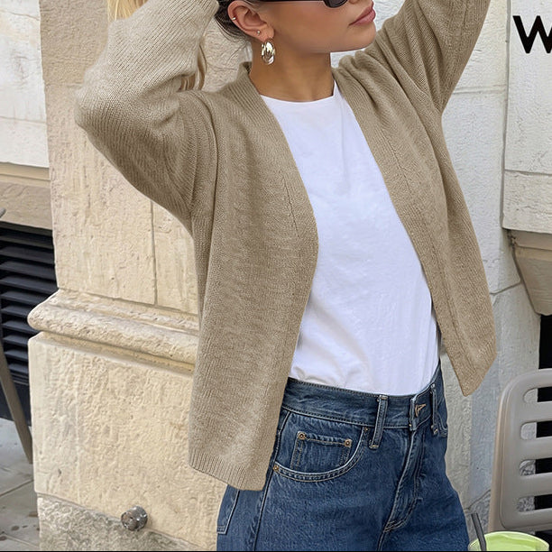 Women's Loose V-Neck Cropped Cardigan Open Front Knit Top