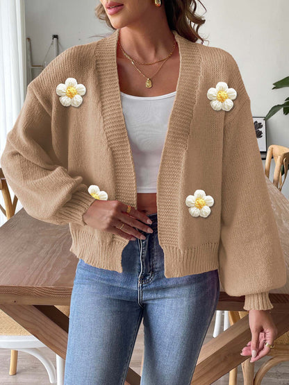 Floral Crochet Knit Cardigan Sweater with Balloon Sleeves
