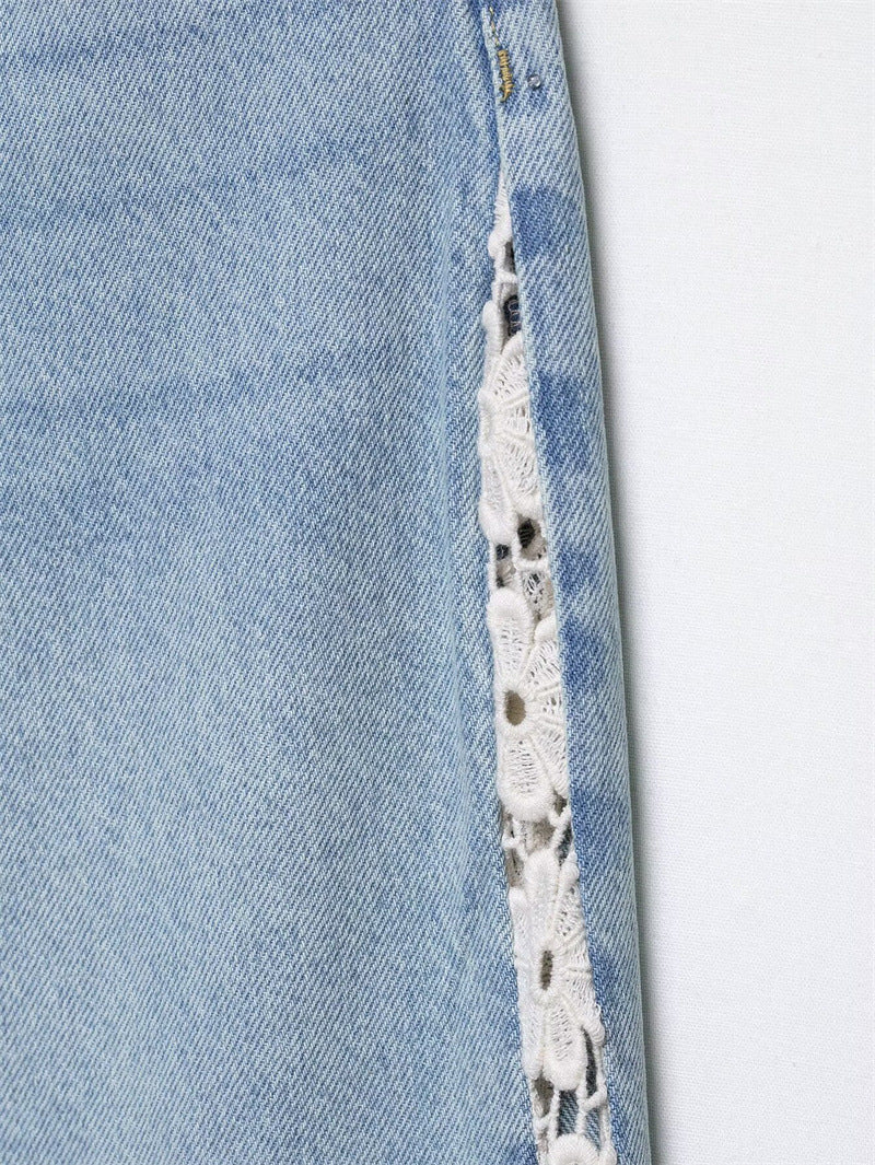 Women's High Waisted Wide Leg Jeans Crochet Panel