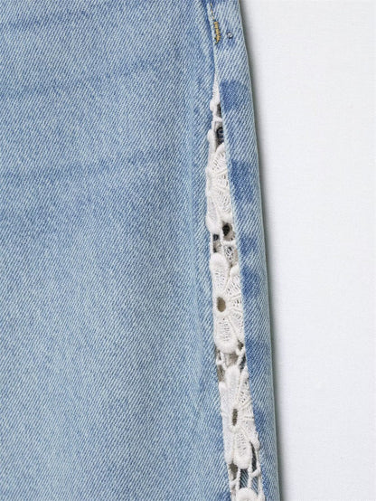 Women's High Waisted Wide Leg Jeans Crochet Panel