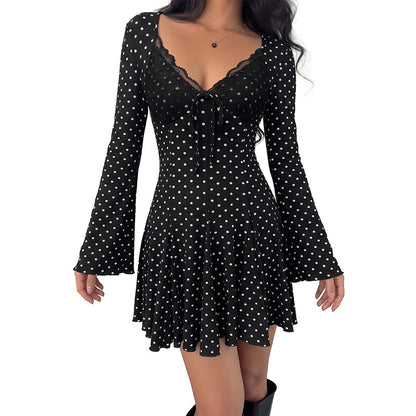 Polka Dot Lace Trim V Neck Long Sleeve Mini Dress