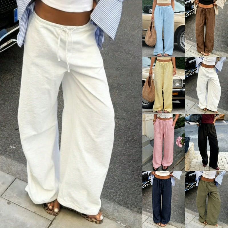 Women Wide Leg Pants Drawstring Elastic Waist Pockets