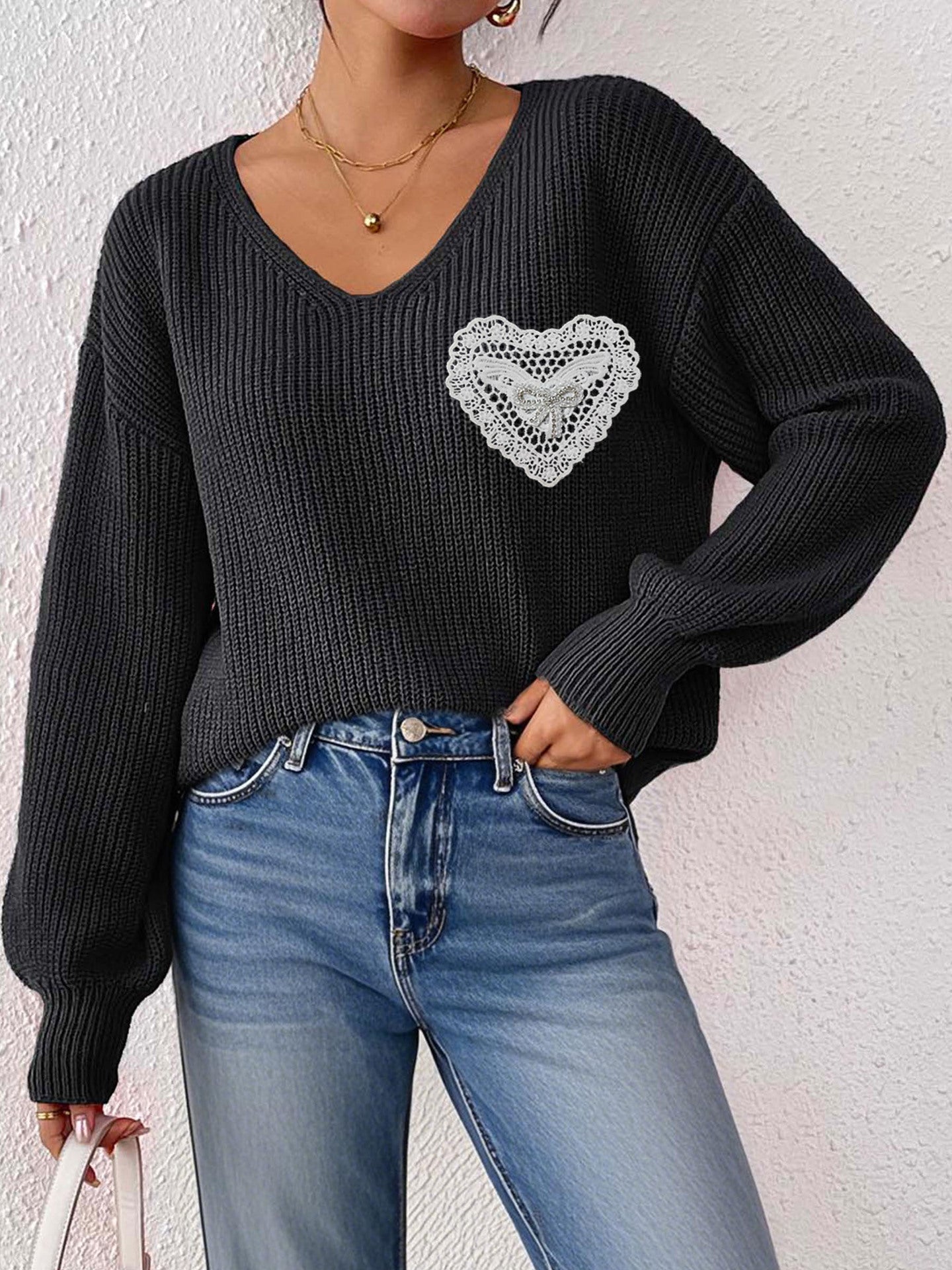 V Neck Knit Pullover Sweater with Lace Heart Detail