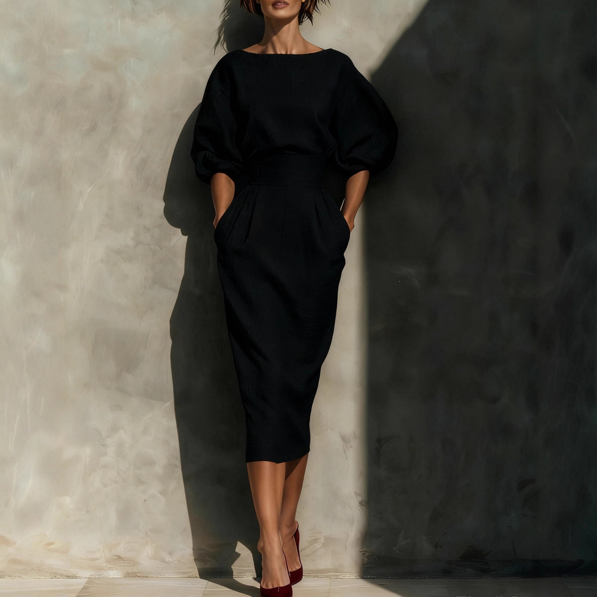 Women's Vintage Boat Neck Puff Sleeve Midi Dress