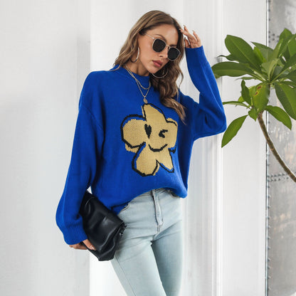 Cute Smiley Flower Oversized Crew Neck Knit Sweater