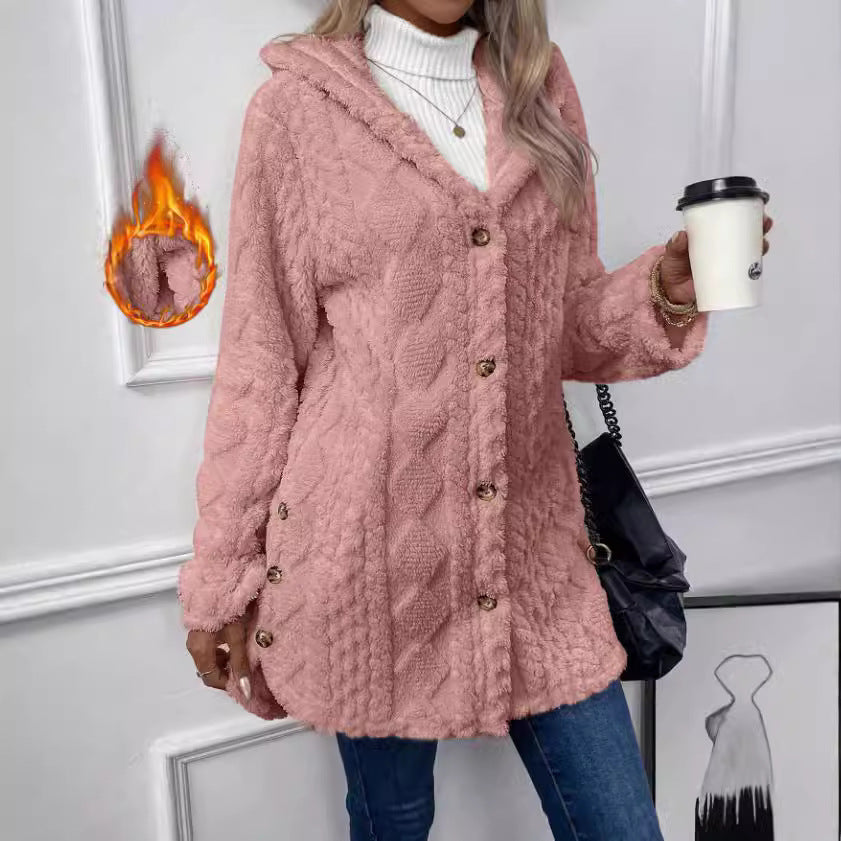 Women's Fuzzy Hooded Button Cardigan Winter Warm Coat