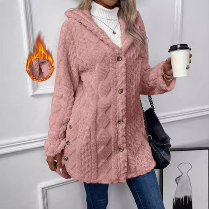Women's Fuzzy Hooded Button Cardigan Winter Warm Coat