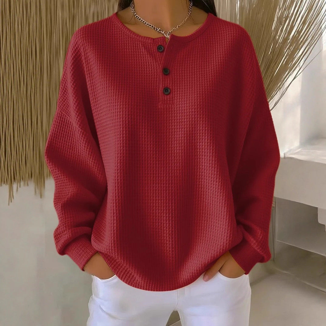 Women's Oversized Waffle Knit Henley Long Sleeve Top