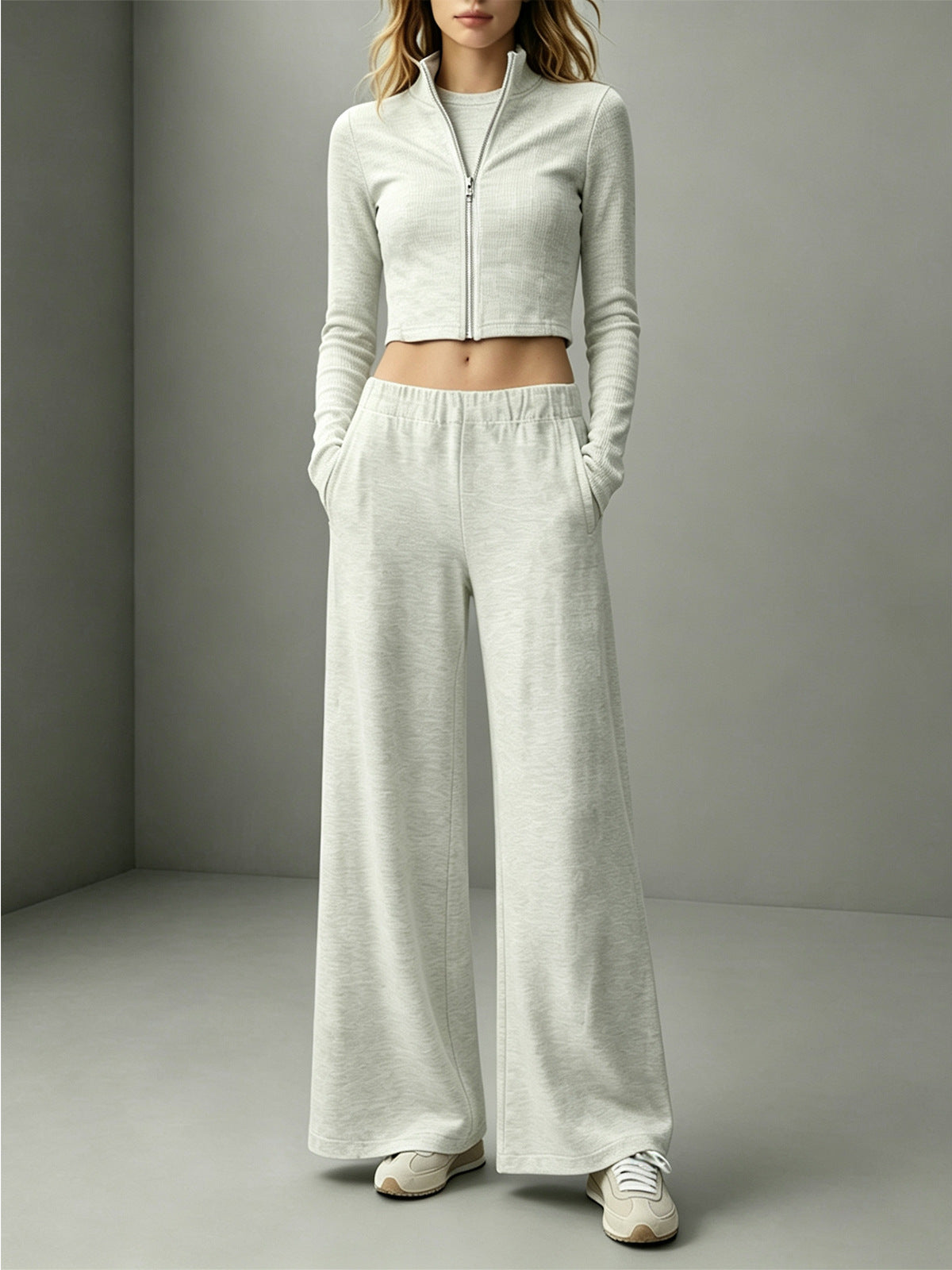 Women's 2 Piece Lounge Set Crop Zip Up Wide Leg Pants