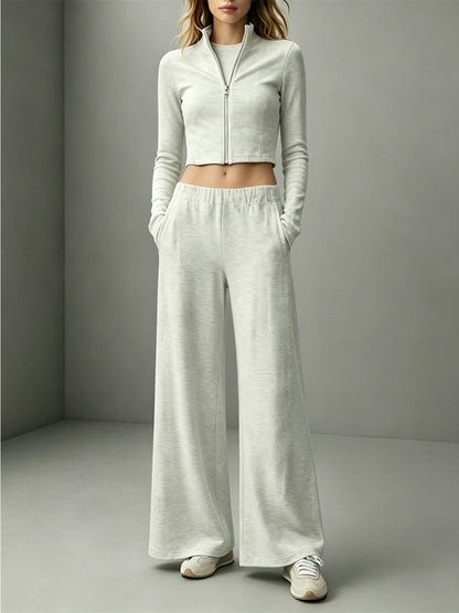 Women's 2 Piece Lounge Set Crop Zip Up Wide Leg Pants