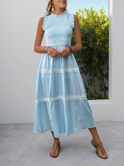 Sleeveless Striped Lace Midi Dress Ruffled A-Line Summer