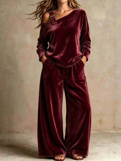 Women's Velvet One Shoulder Two Piece Set Wide Leg Pants