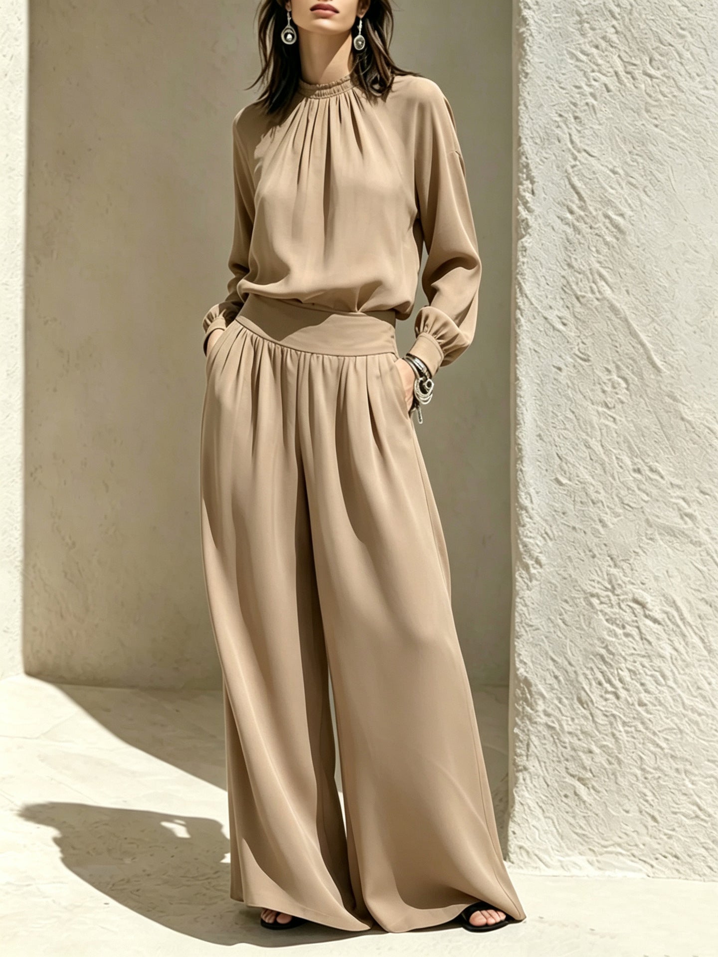 Women's Mock Neck Blouse Wide Leg Pants Matching Set