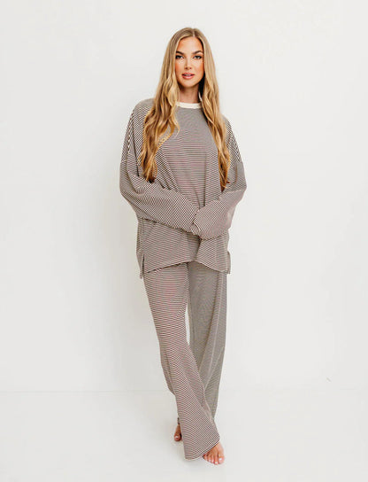 Women's Striped Long Sleeve Lounge Pajama Pants Set