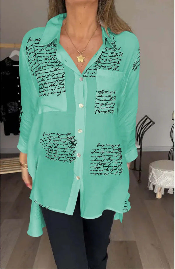 Women's Loose V Neck Letter Print Button Down Shirt
