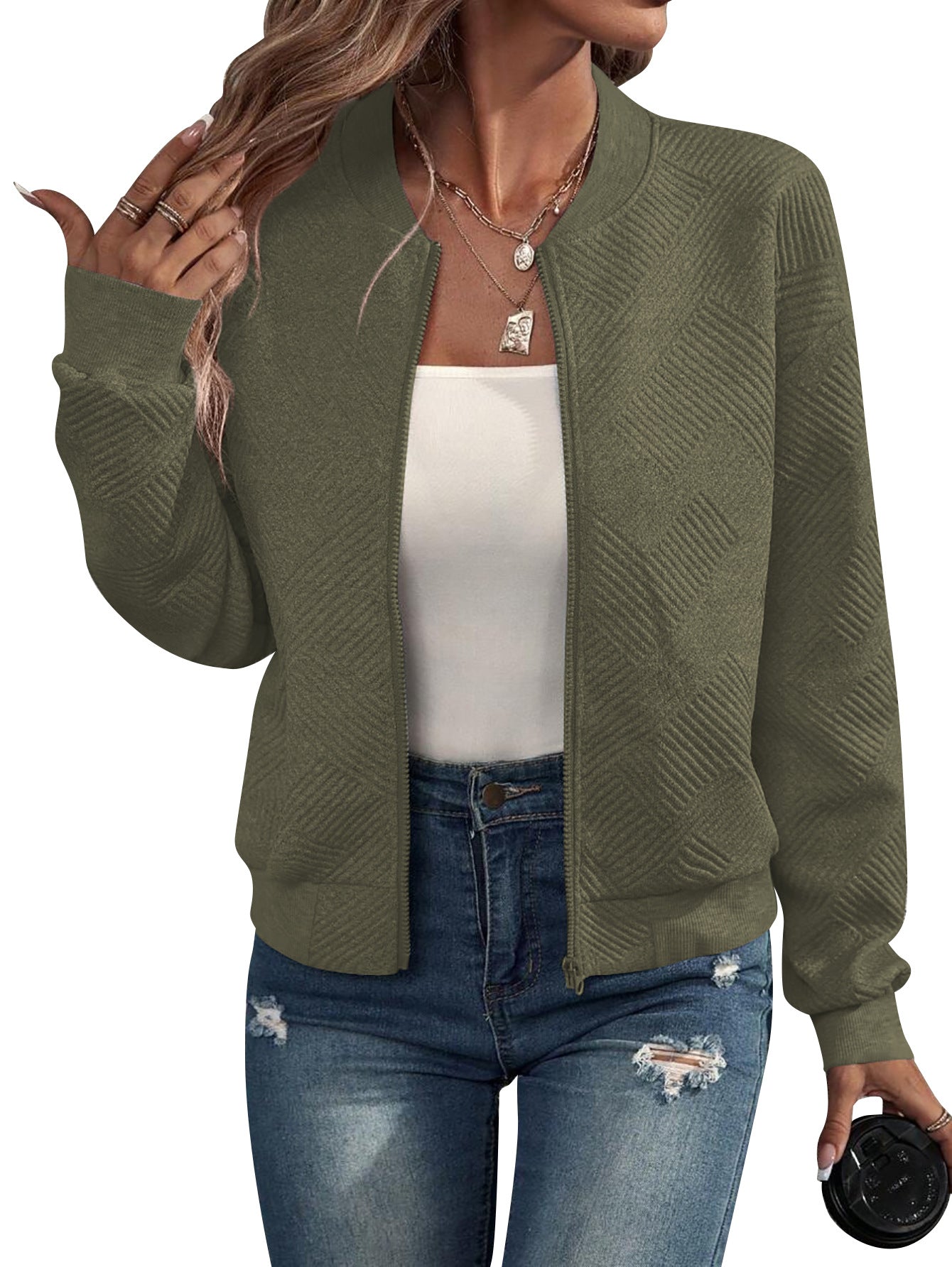 Solid quilted bomber jacket zip front relaxed fit