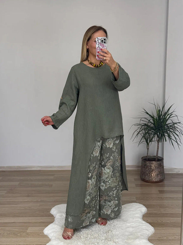 Women's Linen Asymmetric Top Floral Wide Leg Pants Set