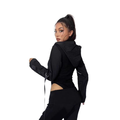 Women Hooded Cut Out Bodysuit Long Sleeve Streetwear