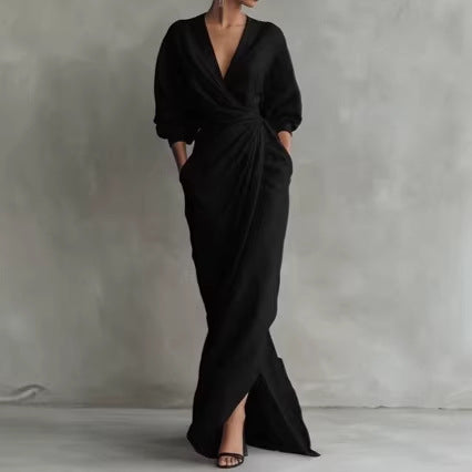 V-Neck Long Sleeve Tie Waist Slit Maxi Dress