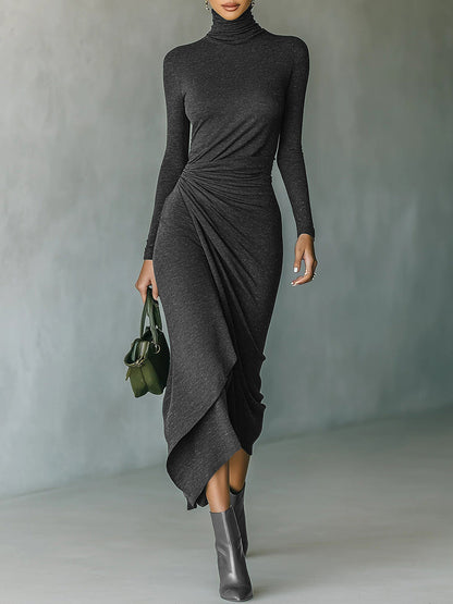 Turtleneck Long Sleeve Ruched Asymmetrical Midi Dress